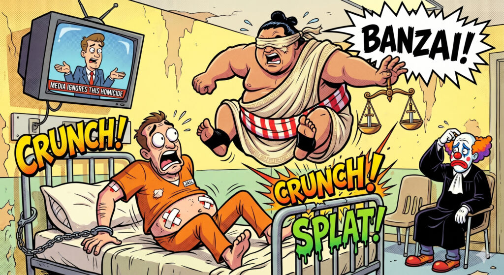 A vibrant nineties style cartoon depicting a blindfolded sumo wrestler acting as Lady Justice while performing a banzai drop onto a terrified suspect handcuffed to a hospital bed as a courtroom judge dressed as a sad clown watches.