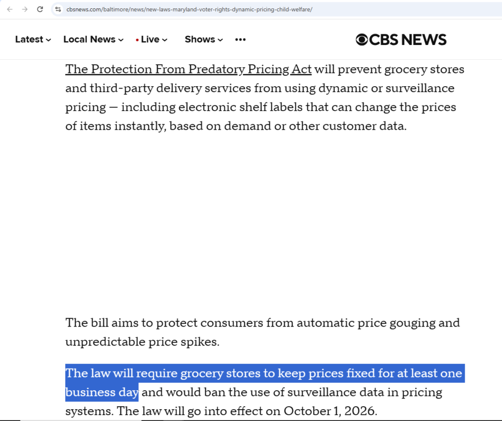 Highlighted text from CBS News article claiming Maryland law requires grocery stores to keep prices fixed for at least one business day