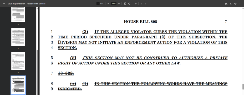 Maryland House Bill 895 enrolled bill page 7 showing Section 13-321(E) banning private lawsuits and subsection (D)(3) granting corporate cure immunity.