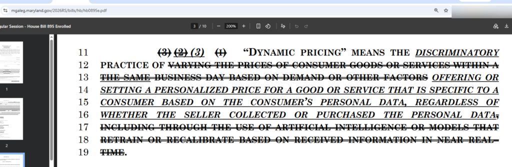 Official Maryland House Bill 895 document showing the original dynamic pricing definition regarding same-day price changes crossed out by lawmakers.