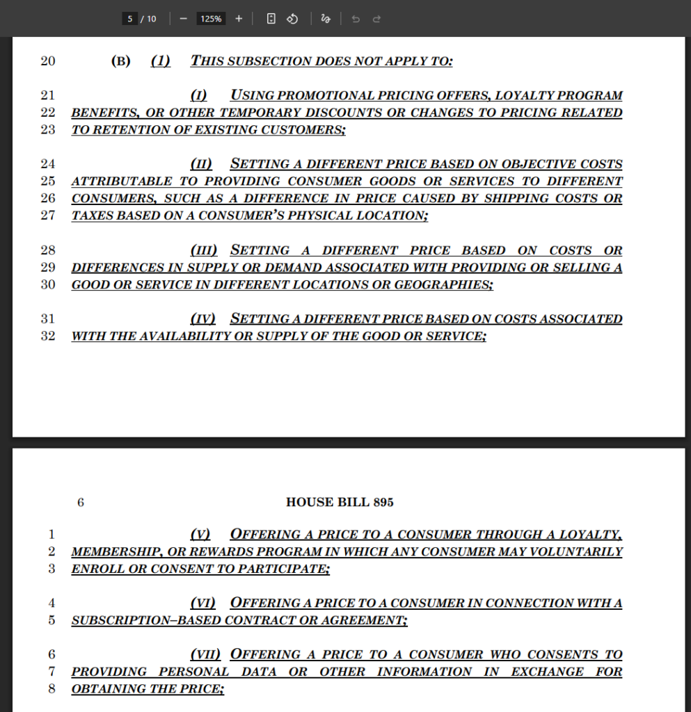 Maryland House Bill 895 enrolled bill text showing Section 13-321 exemptions including supply, demand, loyalty programs, and data consent carve-outs.