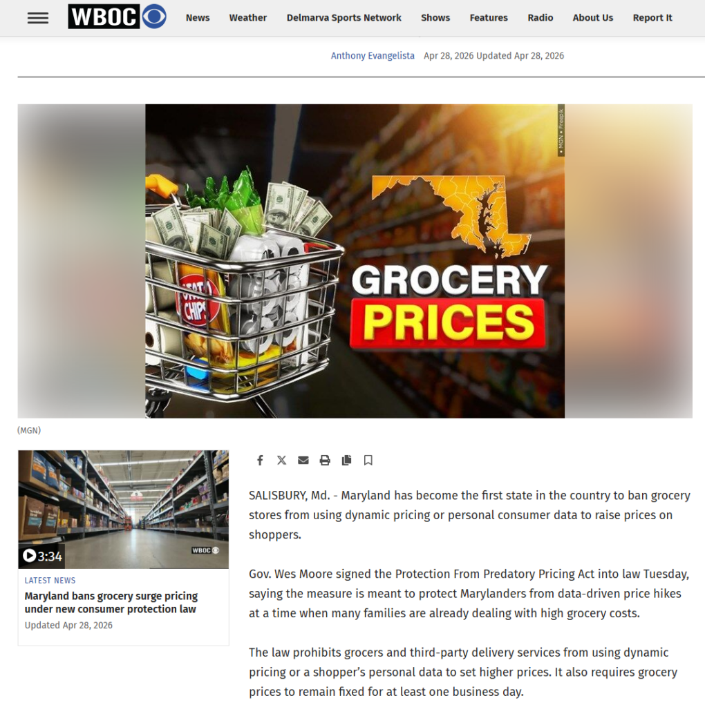 WBOC news article by Anthony Evangelista claiming Maryland law requires grocery prices to remain fixed for at least one business day