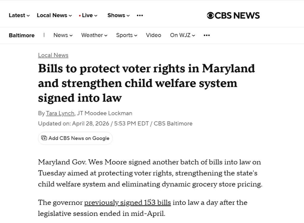 Screenshot of CBS Baltimore article by Tara Lynch reporting on Maryland bills signed into law on April 28 2026