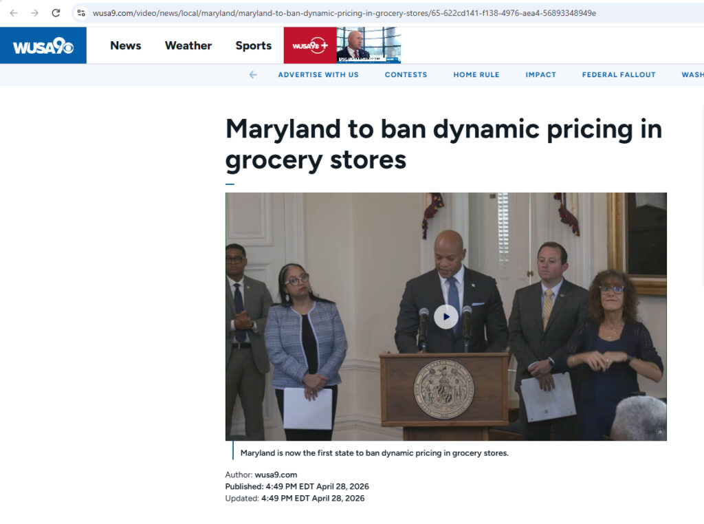 WUSA9 broadcast screenshot showing Governor Wes Moore speaking at a podium beneath a headline claiming Maryland banned dynamic grocery pricing